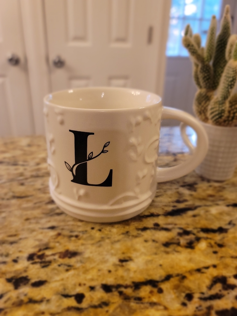 Modern Expressions Monogram “L” Embossed Ceramic Mug White Initial Coffee Cup